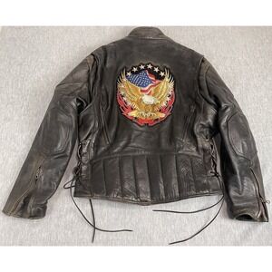 Unik Ultra Leather Motorcycle Jacket w/Liner Men's Size 44 L/XL Black Eagle Flag